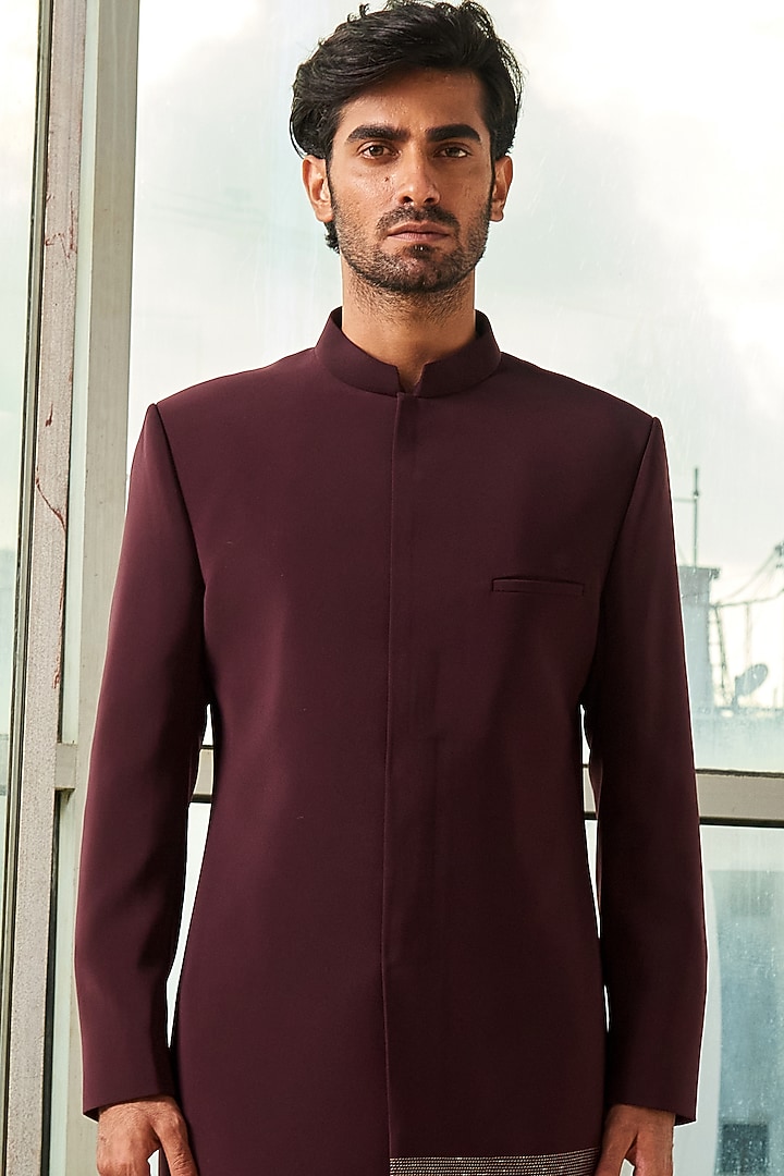 Burgundy Kurta Set With Asymmetrical Groom Bandhgala Jacket by TISASTUDIO at Pernia's Pop Up Shop