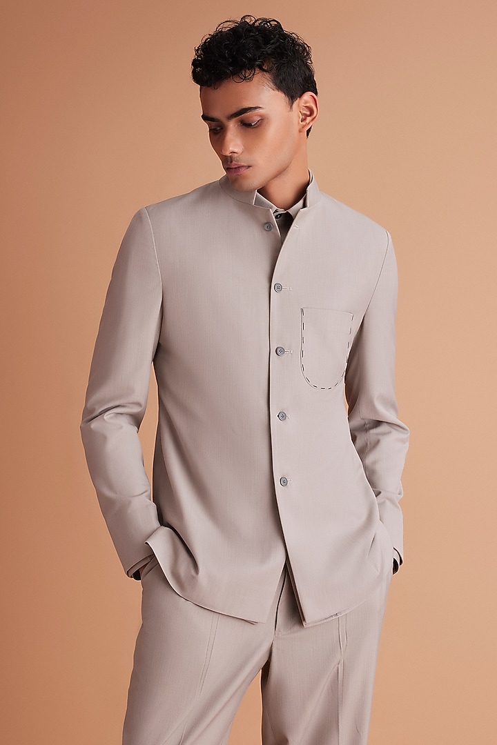 Greige Terry Rayon Wedding Indowestern Set by TISASTUDIO at Pernia's Pop Up Shop