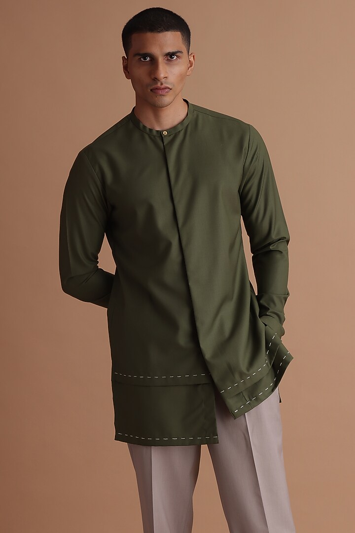 Moss Green Terry Rayon Asymmetrical Kurta by TISASTUDIO at Pernia's Pop Up Shop