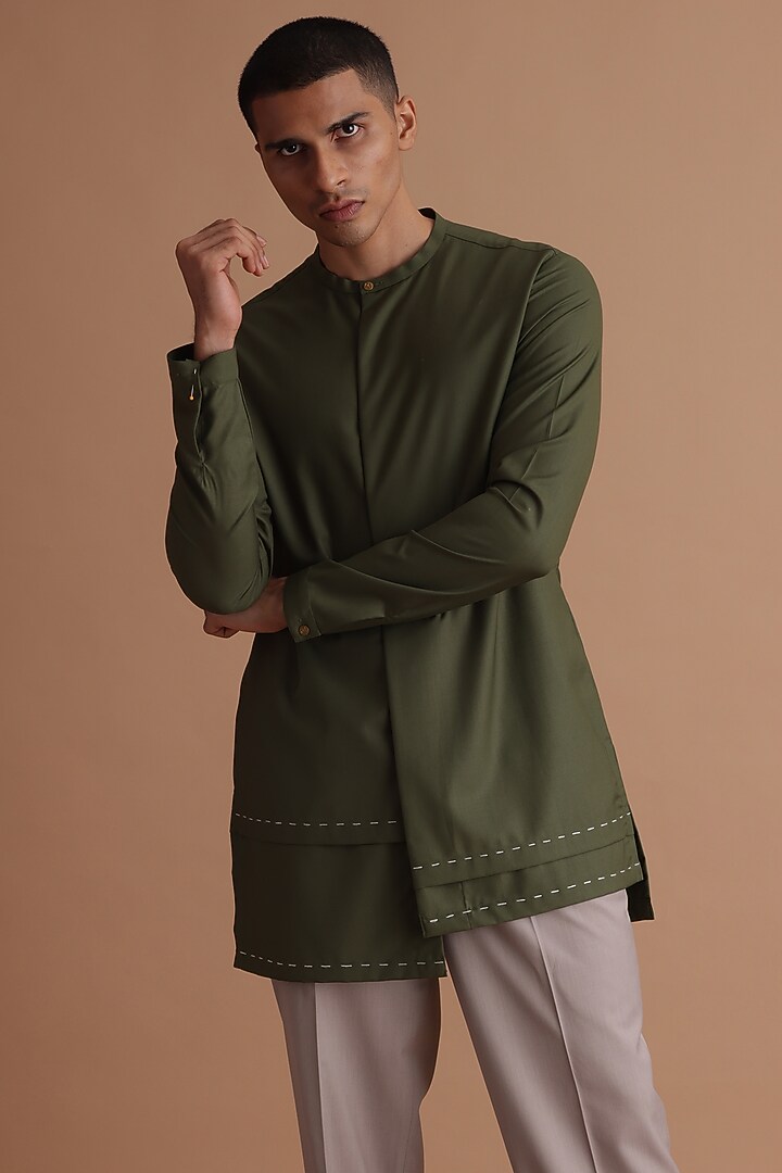 Moss Green Terry Rayon Asymmetrical Kurta by TISASTUDIO at Pernia's Pop Up Shop