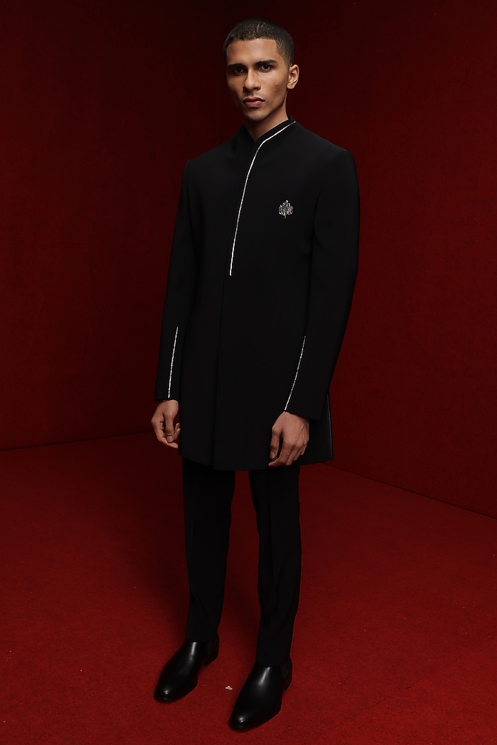 Black Viscose Polyester Embroidered Wedding Indowestern Set by TISASTUDIO at Pernia's Pop Up Shop