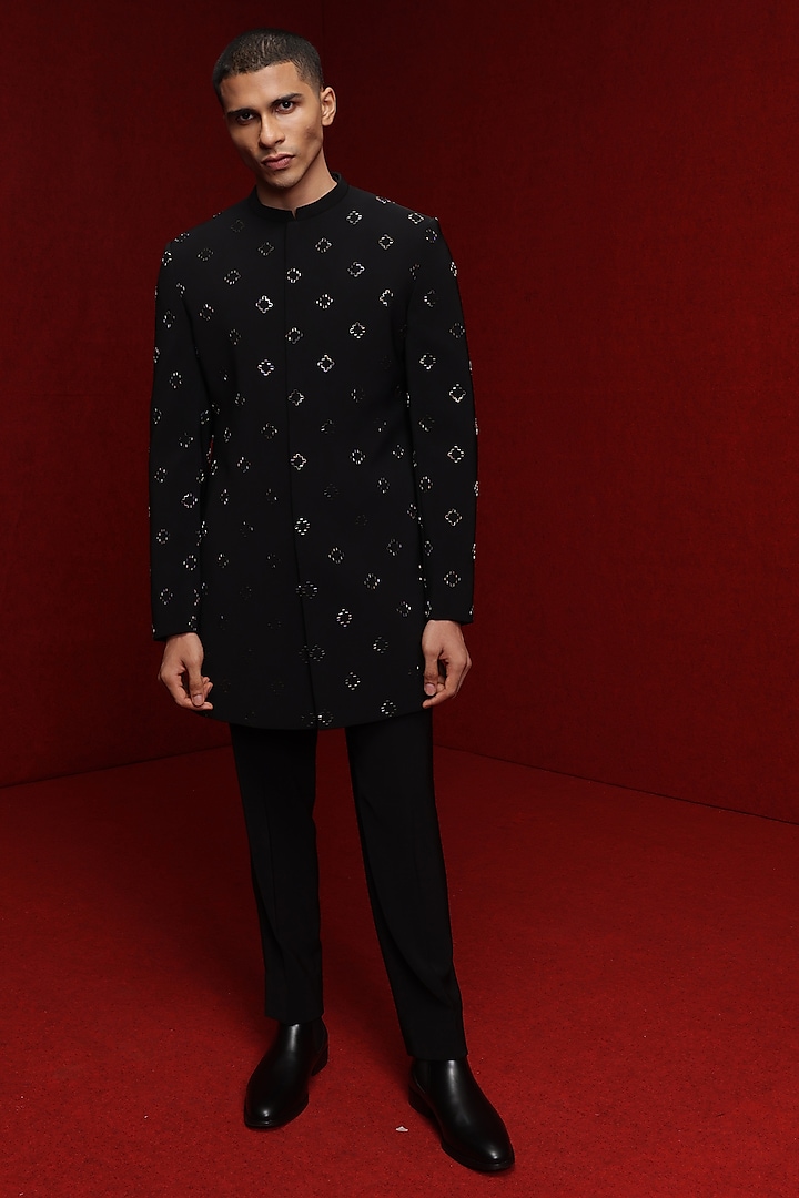 Black Viscose Polyester Indowestern Set by TISASTUDIO at Pernia's Pop Up Shop