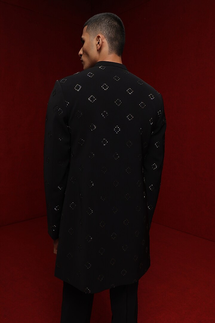 Black Viscose Polyester Groom Indowestern Set by TISASTUDIO at Pernia's Pop Up Shop