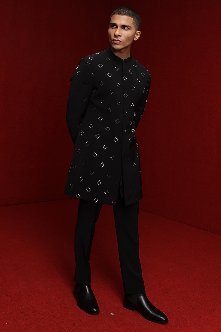 Black Viscose Polyester Groom Indowestern Set by TISASTUDIO at Pernia's Pop Up Shop