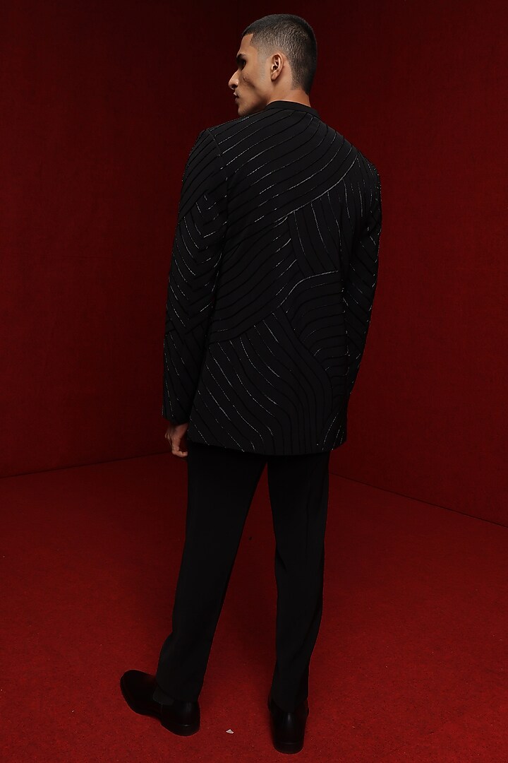 Black Viscose Polyester Embroidered Groom Bandhgala Set by TISASTUDIO at Pernia's Pop Up Shop