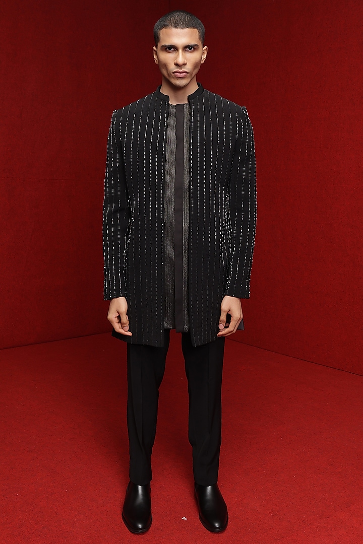 Black Viscose Polyester Embroidered Indowestern Set by TISASTUDIO at Pernia's Pop Up Shop