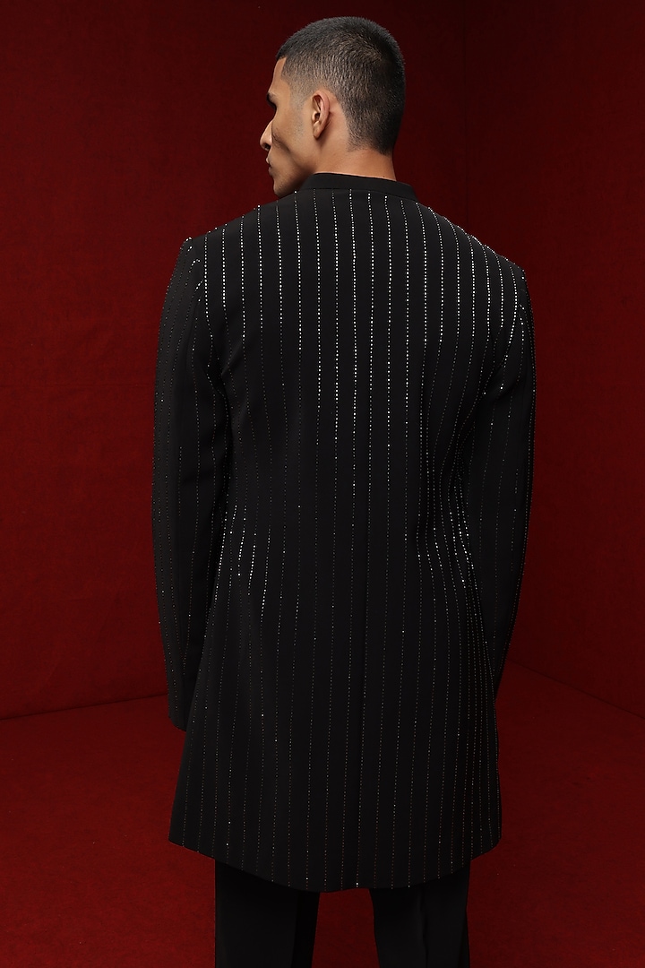 Black Viscose Polyester Embroidered Groom Indowestern Set by TISASTUDIO at Pernia's Pop Up Shop