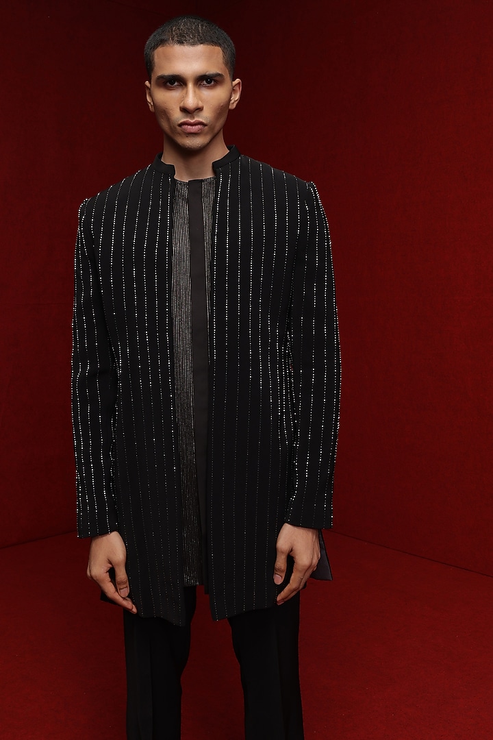 Black Viscose Polyester Embroidered Groom Indowestern Set by TISASTUDIO at Pernia's Pop Up Shop