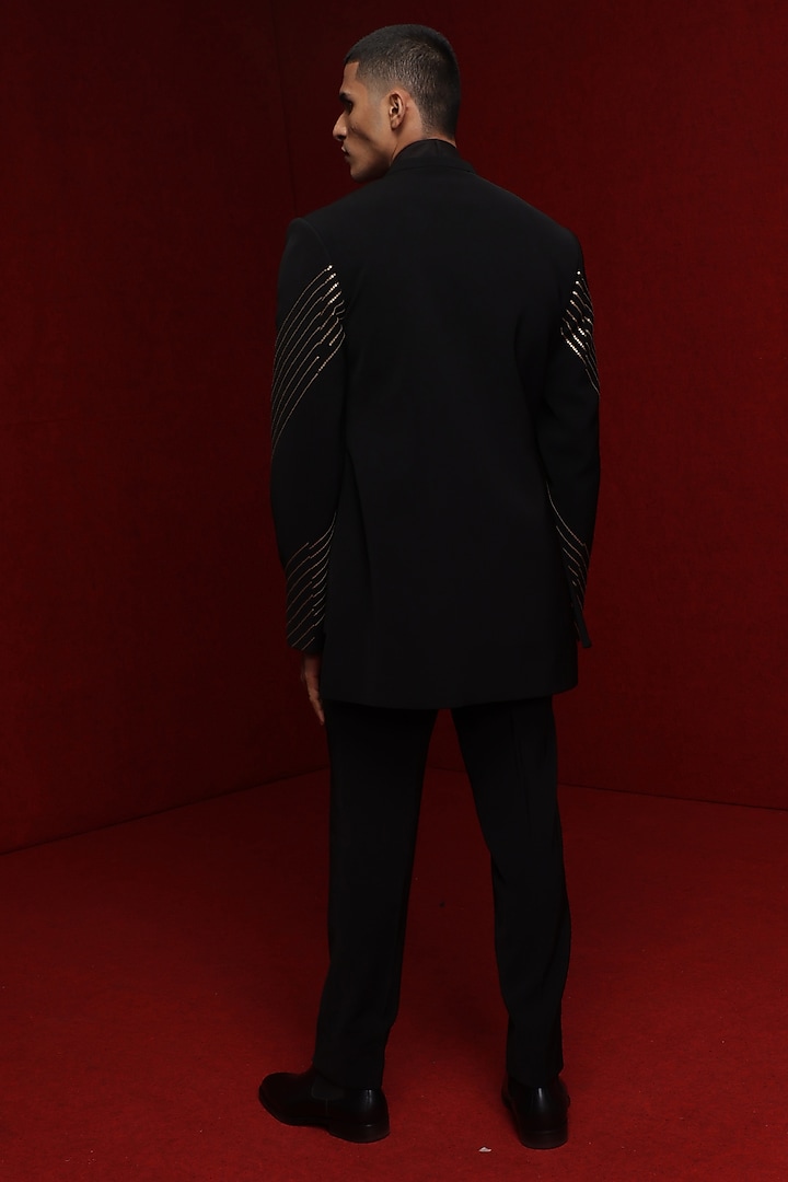 Black Viscose Polyester Embroidered Groom Indowestern Set by TISASTUDIO at Pernia's Pop Up Shop