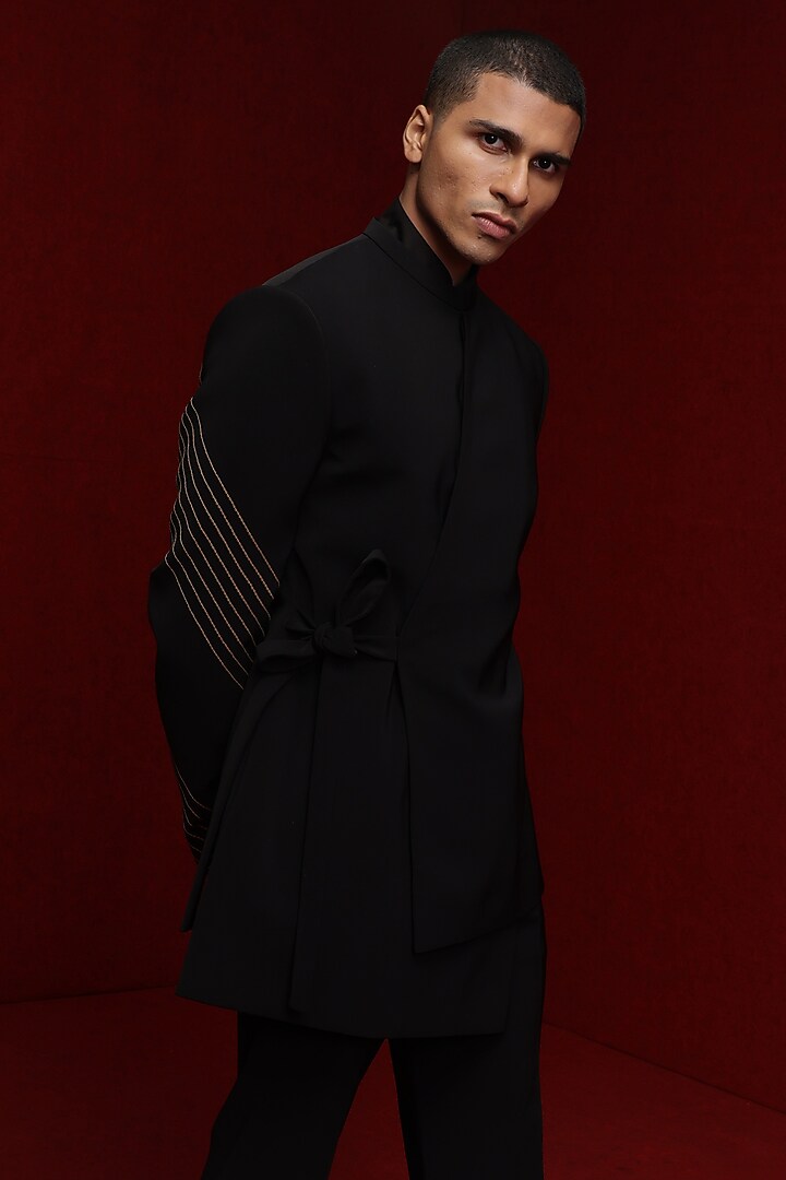 Black Viscose Polyester Embroidered Groom Indowestern Set by TISASTUDIO at Pernia's Pop Up Shop