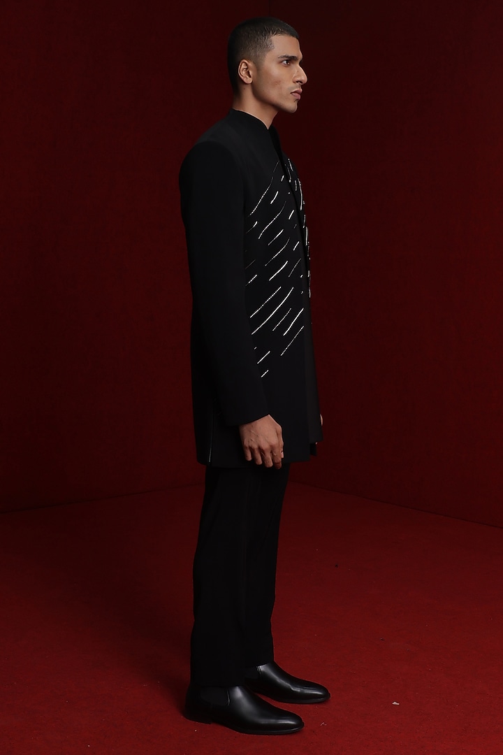 Black Viscose Polyester Embroidered Groom Indowestern Set by TISASTUDIO at Pernia's Pop Up Shop