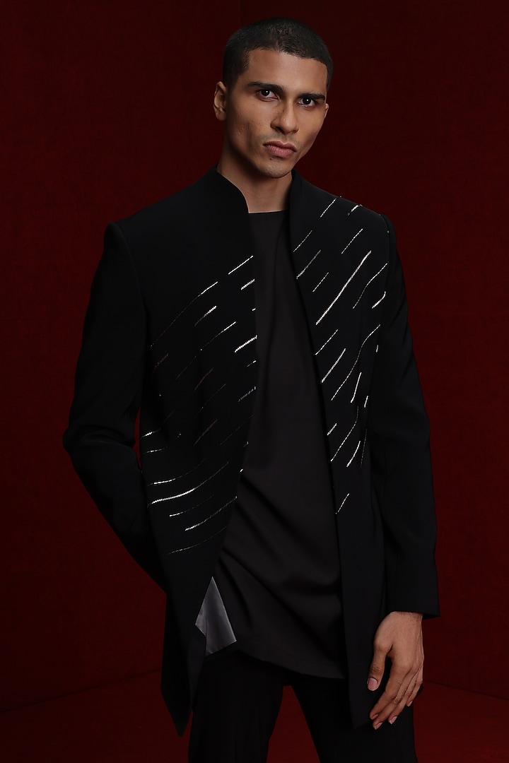 Black Viscose Polyester Embroidered Groom Indowestern Set by TISASTUDIO at Pernia's Pop Up Shop