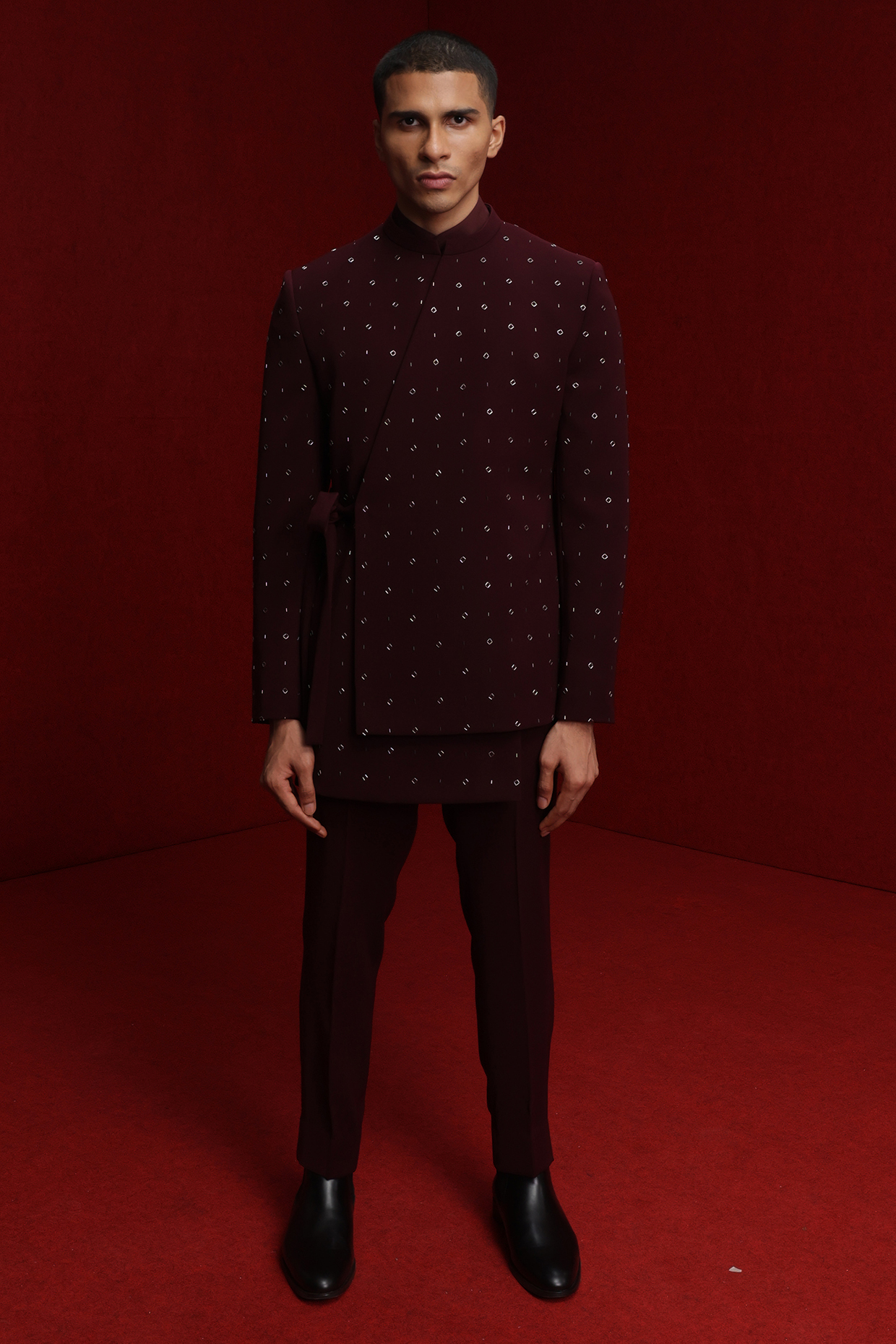 Burgundy Viscose Polyester Asymmetrical Groom Indowestern Set by TISASTUDIO at Pernia's Pop Up Shop