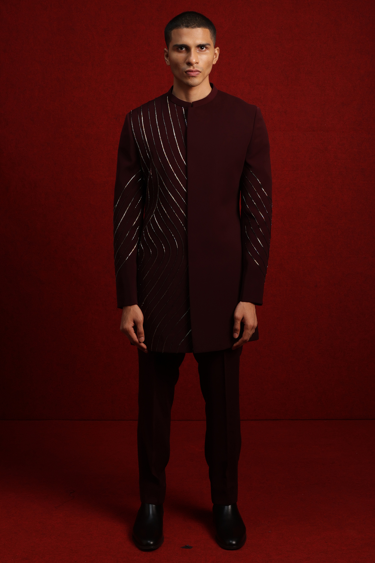 Burgundy Viscose Polyester Groom Indowestern Set by TISASTUDIO at Pernia's Pop Up Shop