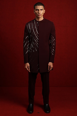 Burgundy Viscose Polyester Indowestern Set by TISASTUDIO