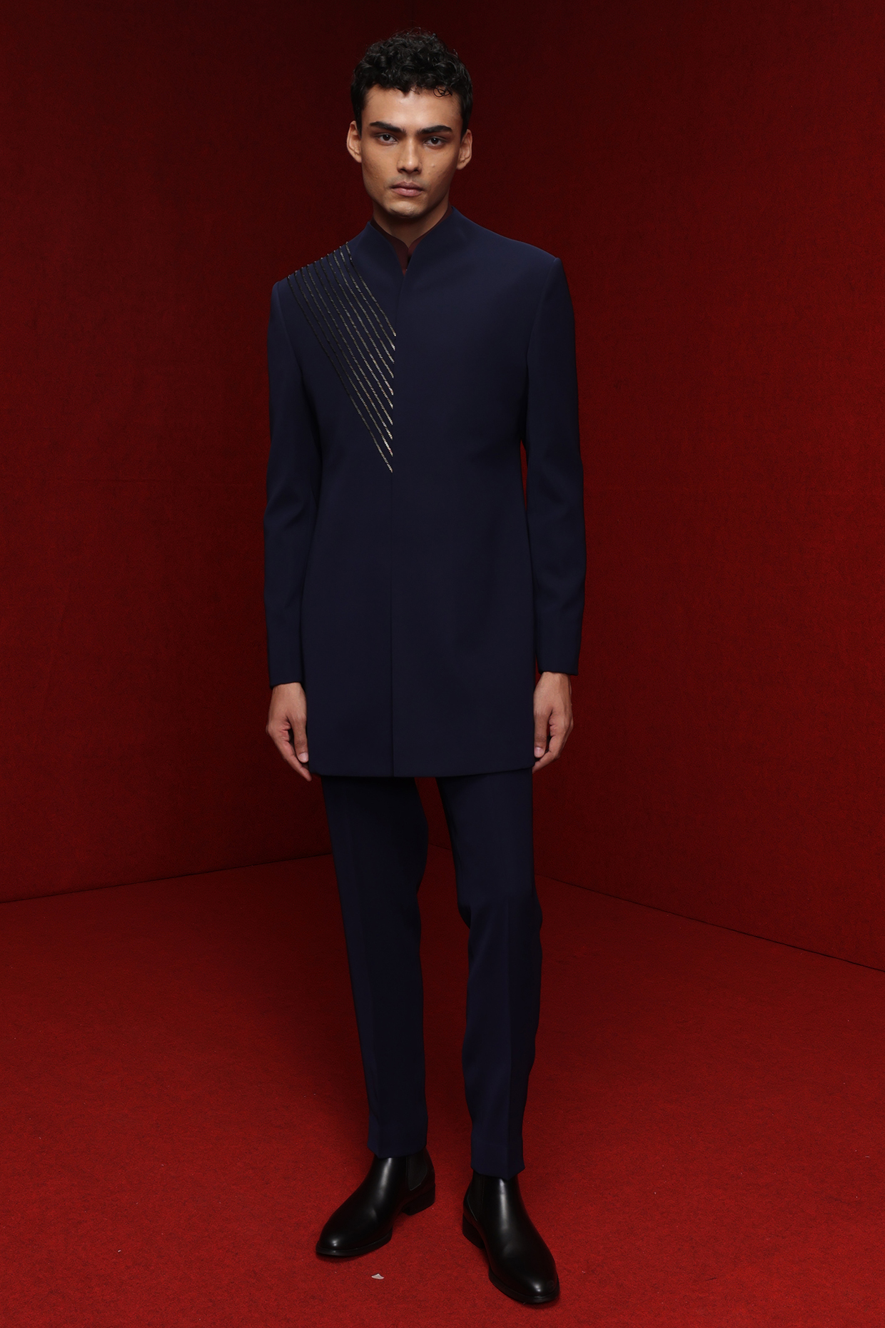Navy Blue Viscose Polyester Wedding Indowestern Set by TISASTUDIO at Pernia's Pop Up Shop