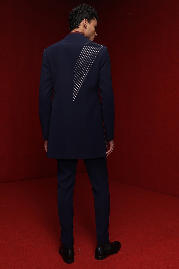 Navy Blue Viscose Polyester Groom Indowestern Set by TISASTUDIO at Pernia's Pop Up Shop