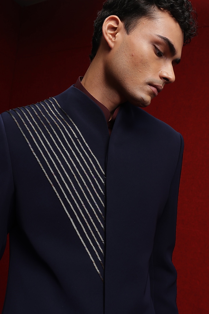 Navy Blue Viscose Polyester Groom Indowestern Set by TISASTUDIO at Pernia's Pop Up Shop