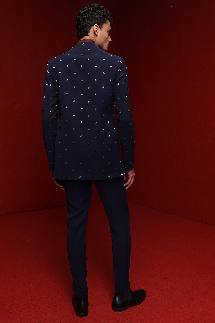 Navy Blue Viscose Polyester Asymmetrical Groom Indowestern Set by TISASTUDIO at Pernia's Pop Up Shop