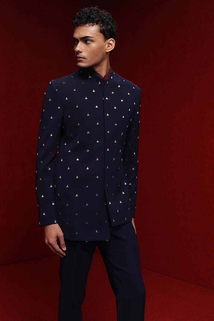 Navy Blue Viscose Polyester Asymmetrical Groom Indowestern Set by TISASTUDIO at Pernia's Pop Up Shop