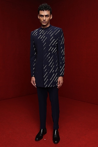 Navy Blue Viscose Polyester Indowestern Set by TISASTUDIO