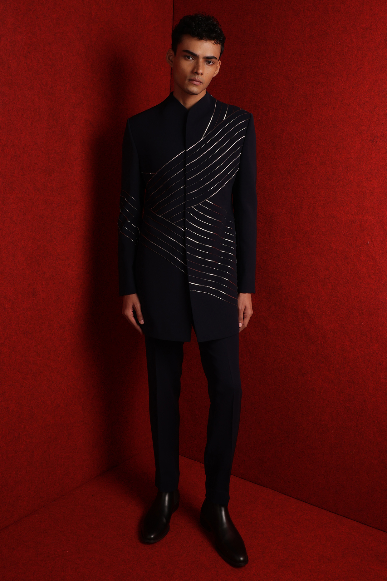 Navy Blue Viscose Polyester Embroidered Groom Indowestern Set by TISASTUDIO at Pernia's Pop Up Shop