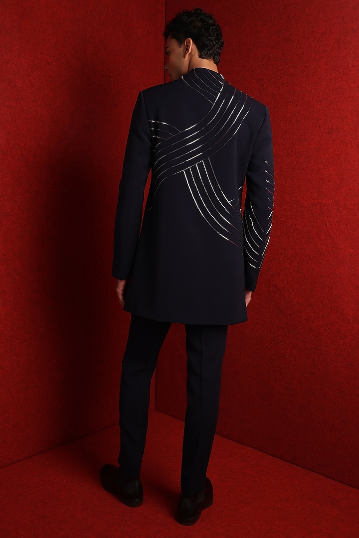 Navy Blue Viscose Polyester Embroidered Groom Indowestern Set by TISASTUDIO at Pernia's Pop Up Shop