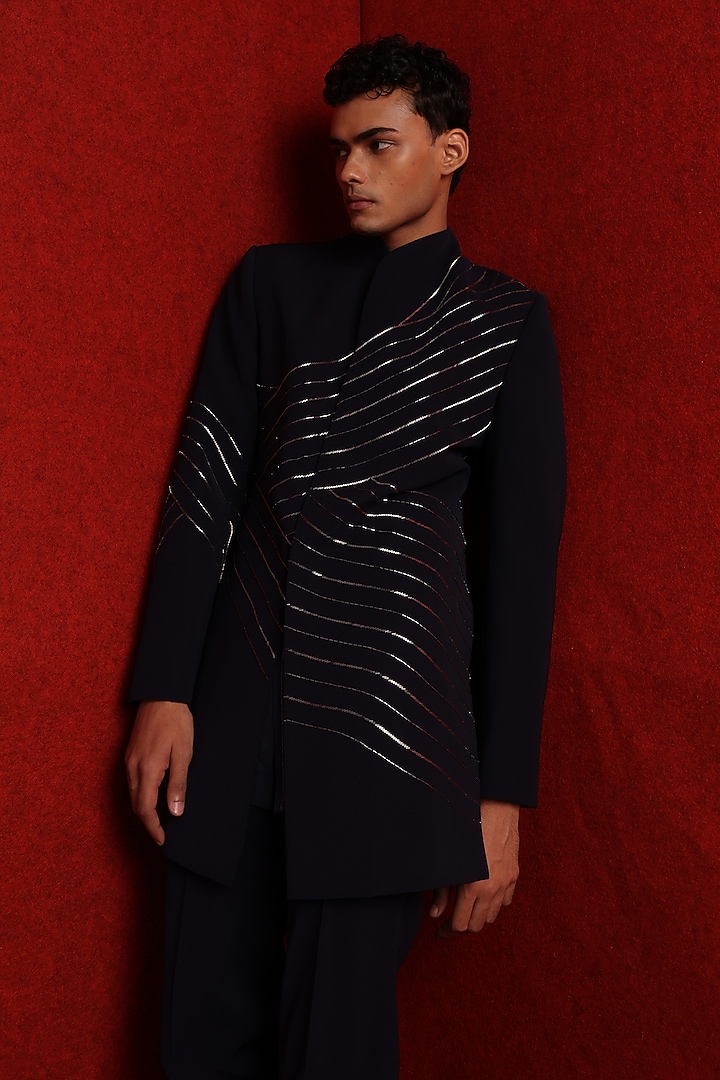 Navy Blue Viscose Polyester Embroidered Groom Indowestern Set by TISASTUDIO at Pernia's Pop Up Shop
