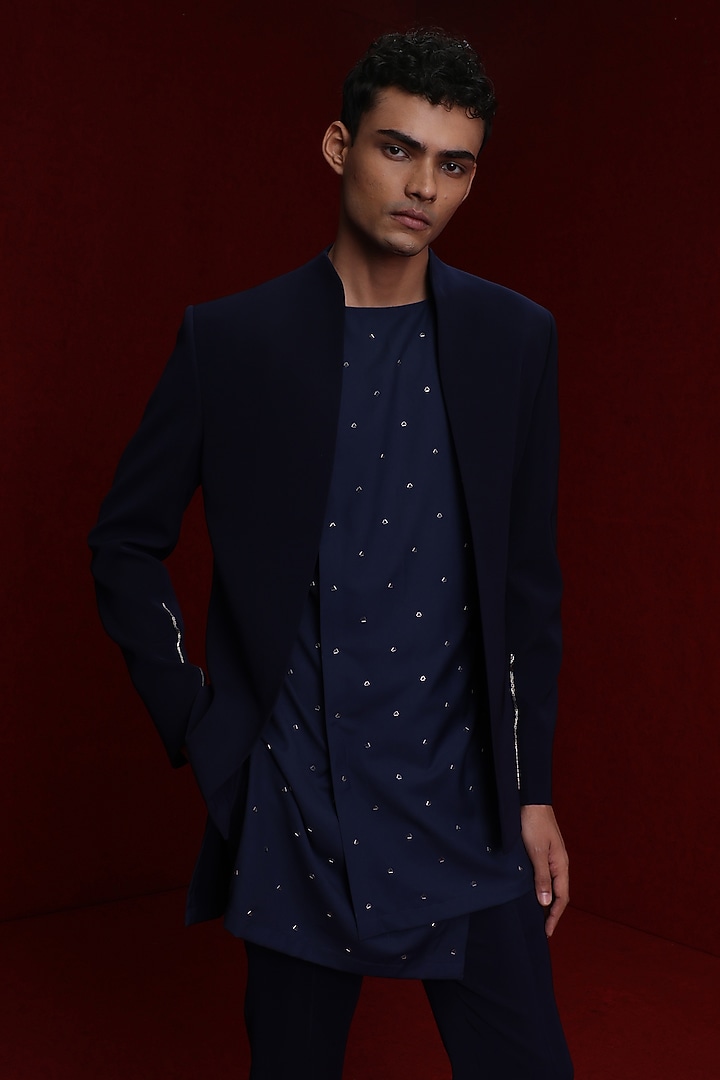Navy Blue Viscose Polyester Groom Indowestern Set by TISASTUDIO at Pernia's Pop Up Shop