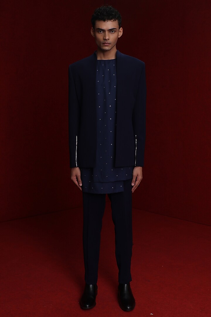 Navy Blue Viscose Polyester Groom Indowestern Set by TISASTUDIO at Pernia's Pop Up Shop