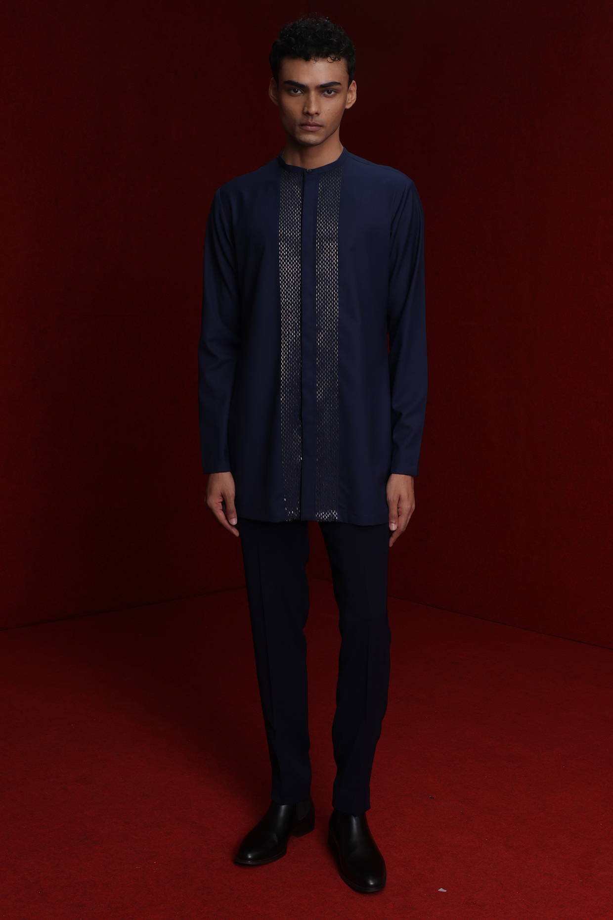 Navy Blue Viscose Polyester Groom Indowestern Set by TISASTUDIO at Pernia's Pop Up Shop