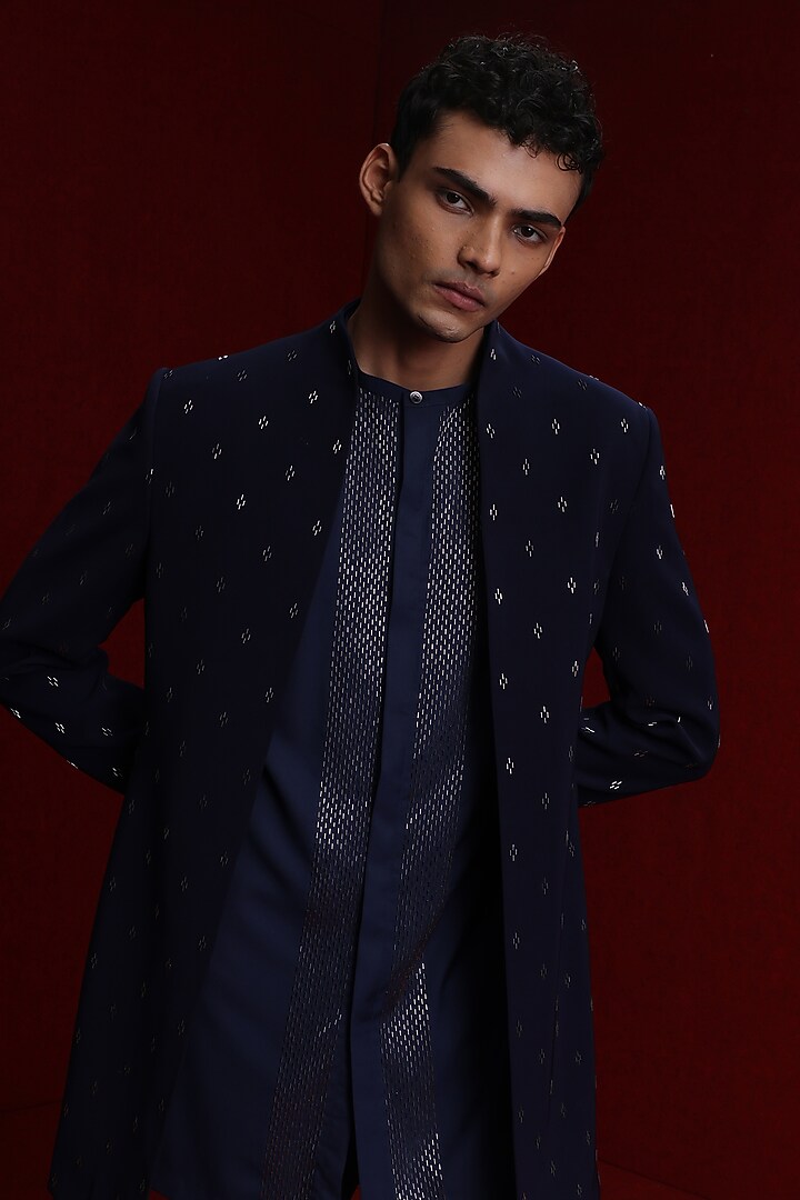 Navy Blue Viscose Polyester Groom Indowestern Set by TISASTUDIO at Pernia's Pop Up Shop
