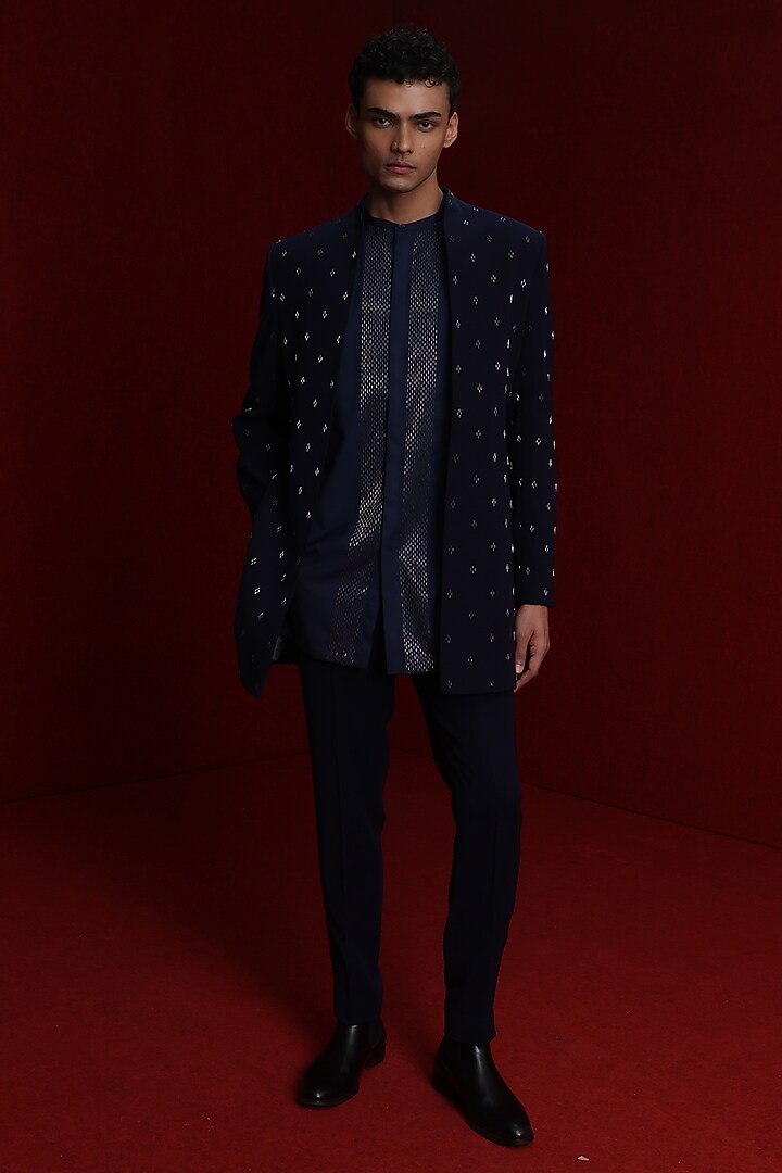 Navy Blue Viscose Polyester Groom Indowestern Set by TISASTUDIO at Pernia's Pop Up Shop