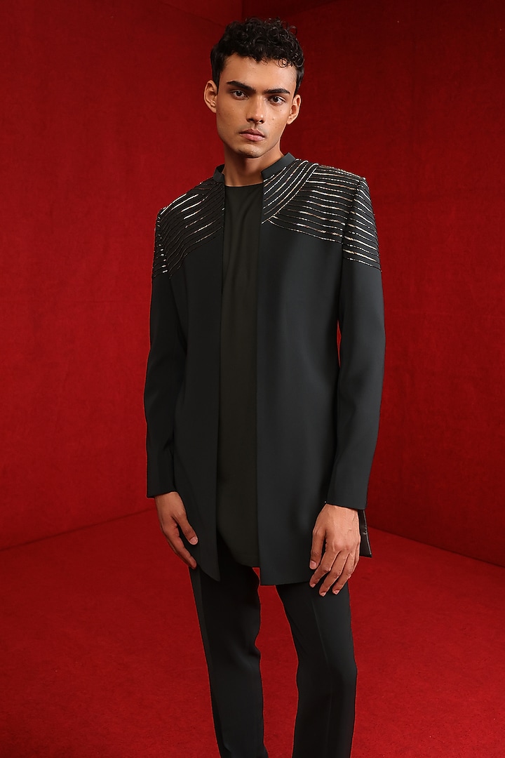 Bottle Green Viscose Polyester Embroidered Groom Indowestern Set by TISASTUDIO at Pernia's Pop Up Shop
