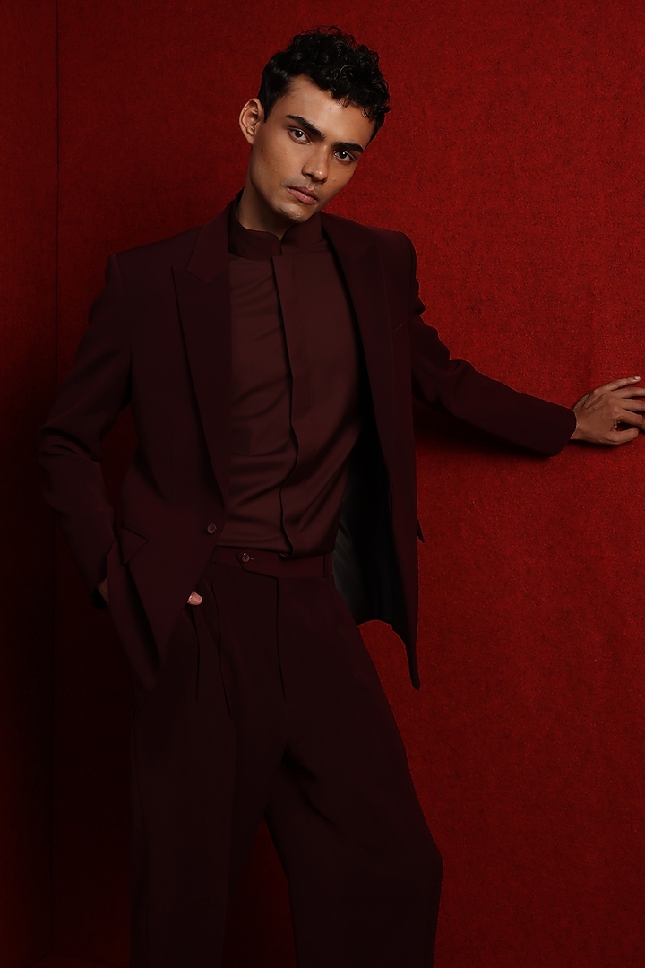 Burgundy Viscose Polyester Tuxedo Set by TISASTUDIO at Pernia's Pop Up Shop