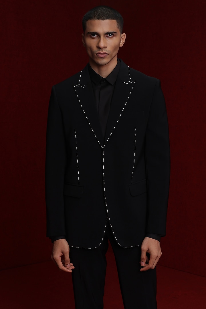 Black Viscose Polyester Tuxedo Set by TISASTUDIO at Pernia's Pop Up Shop