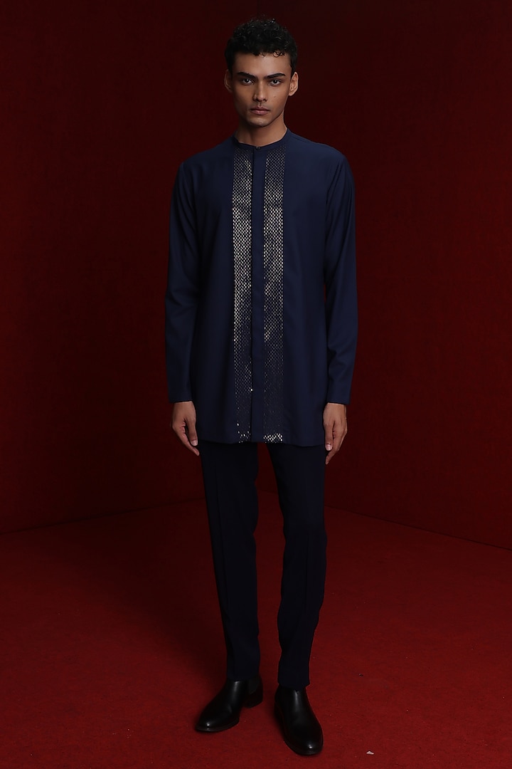 Navy Blue Terry Rayon Embroidered Kurta Set by Tisa