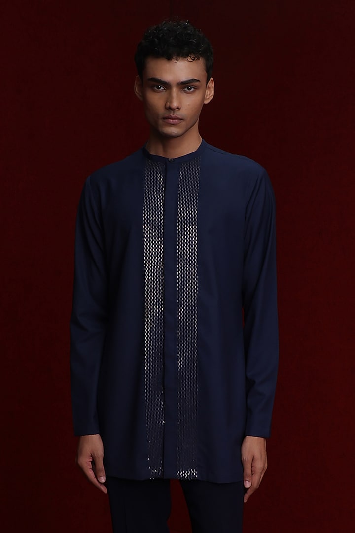 Navy Blue Terry Rayon Embroidered Kurta Set by TISASTUDIO at Pernia's Pop Up Shop