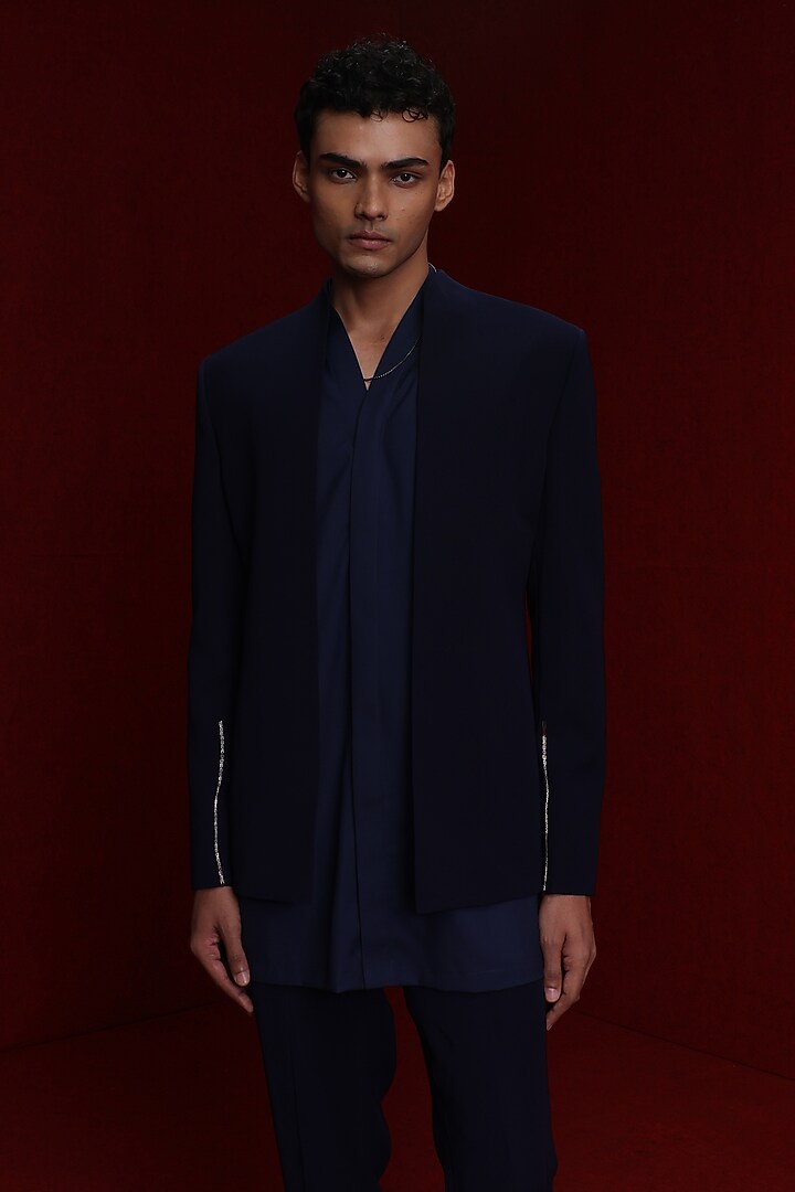 Navy Blue Viscose Polyester Wedding Indowestern Set by TISASTUDIO at Pernia's Pop Up Shop