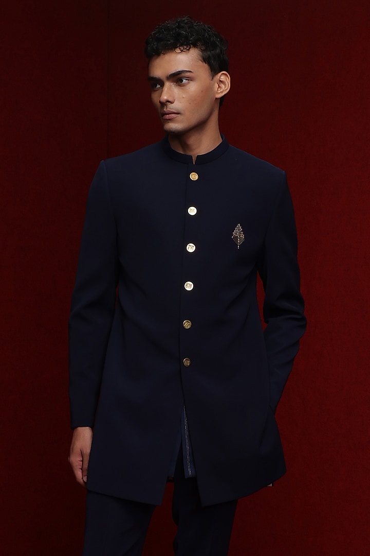 Navy Blue Viscose Polyester Wedding Indowestern Set by TISASTUDIO at Pernia's Pop Up Shop