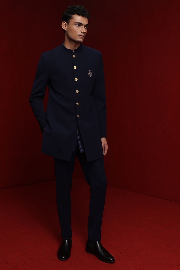 Navy Blue Viscose Polyester Wedding Indowestern Set by TISASTUDIO at Pernia's Pop Up Shop