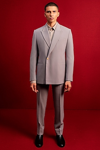 Grey Viscose Polyester Blazer Set by TISASTUDIO