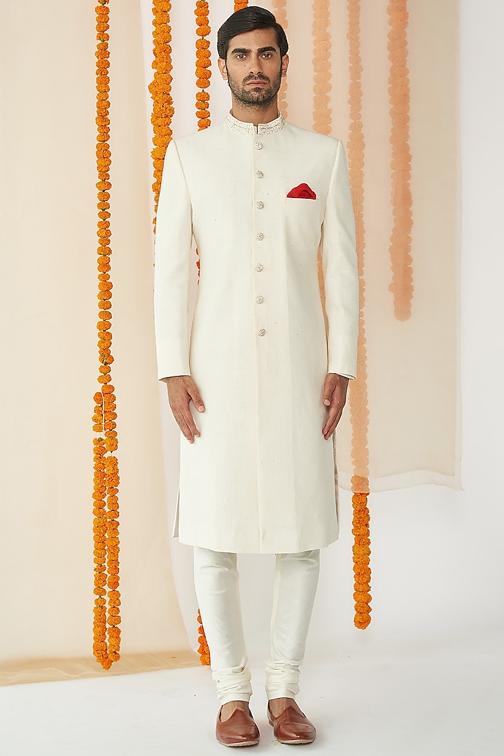 Ivory Organic Cotton Sherwani Set by TISASTUDIO