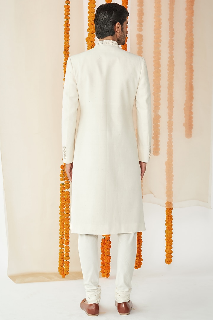 Ivory Organic Cotton Wedding Sherwani Set by TISASTUDIO at Pernia's Pop Up Shop