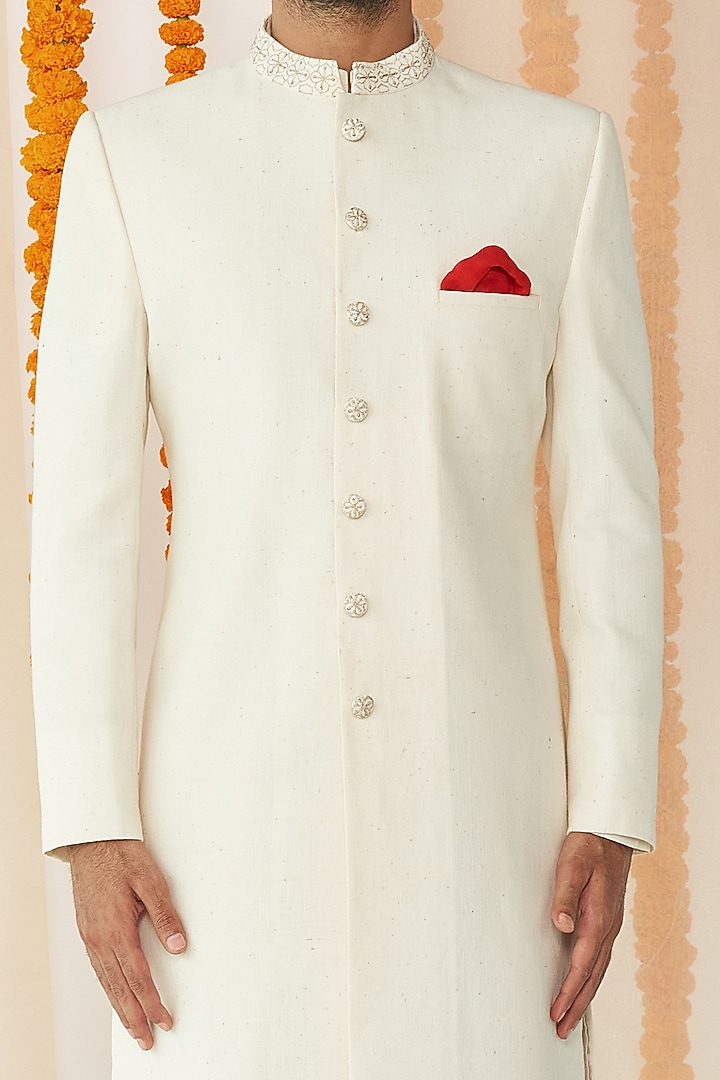 Ivory Organic Cotton Wedding Sherwani Set by TISASTUDIO at Pernia's Pop Up Shop