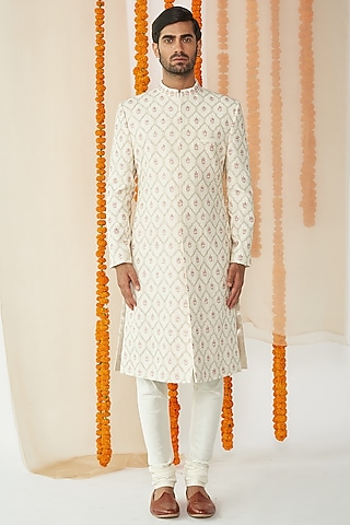 Ivory Embroidered Sherwani Set by TISASTUDIO