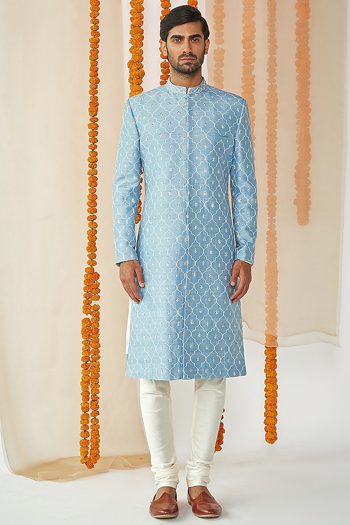 Powder Blue  Embroidered Groom Sherwani Set by TISASTUDIO at Pernia's Pop Up Shop