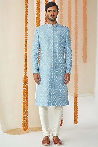 Powder Blue  Embroidered Sherwani Set by TISASTUDIO