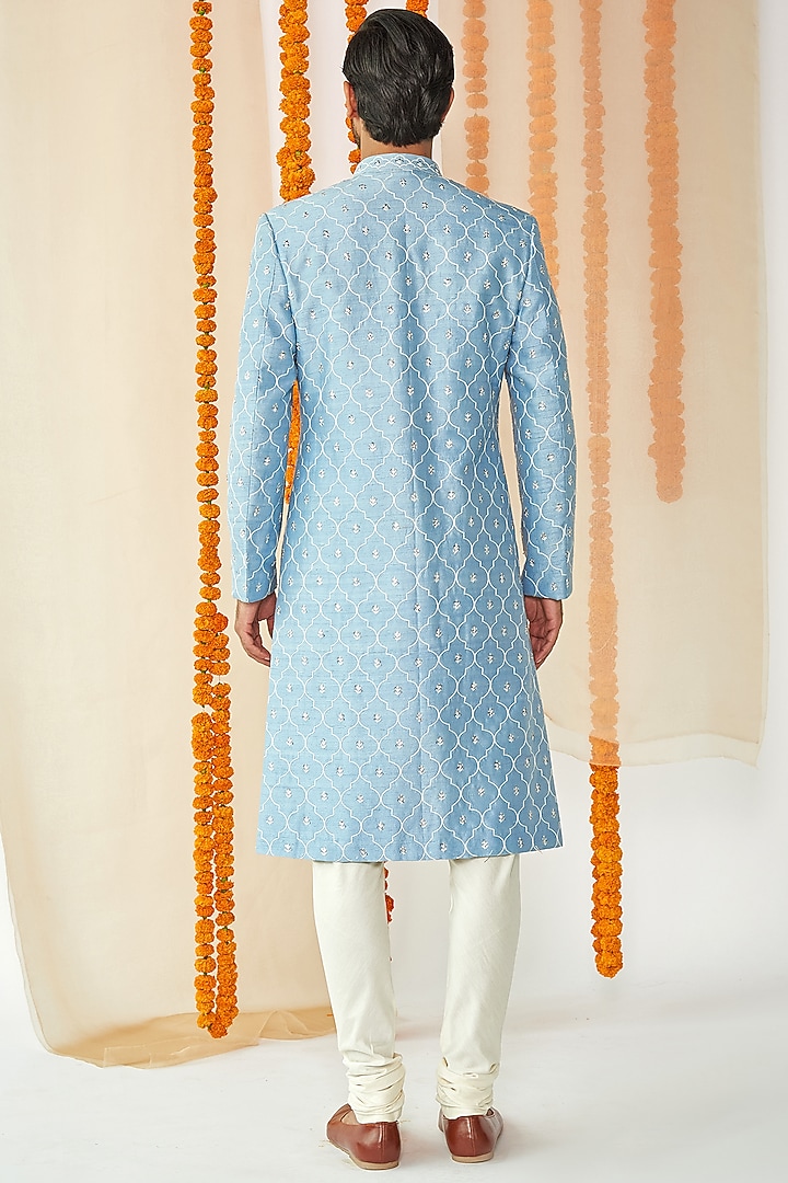 Powder Blue Embroidered Groom Sherwani Set by TISASTUDIO at Pernia's Pop Up Shop