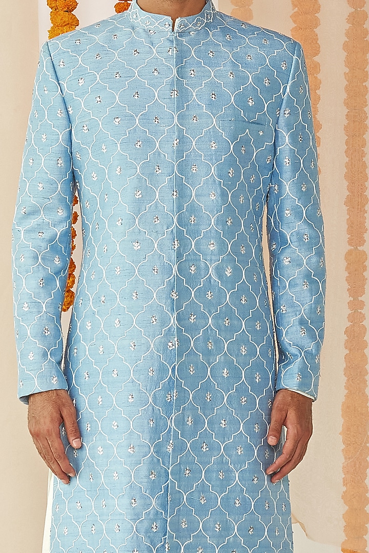 Powder Blue Embroidered Groom Sherwani Set by TISASTUDIO at Pernia's Pop Up Shop